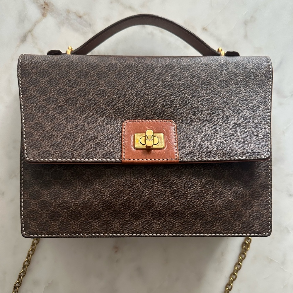 Celine Brown Triomphe Canvas and Leather Top Handle Handbag